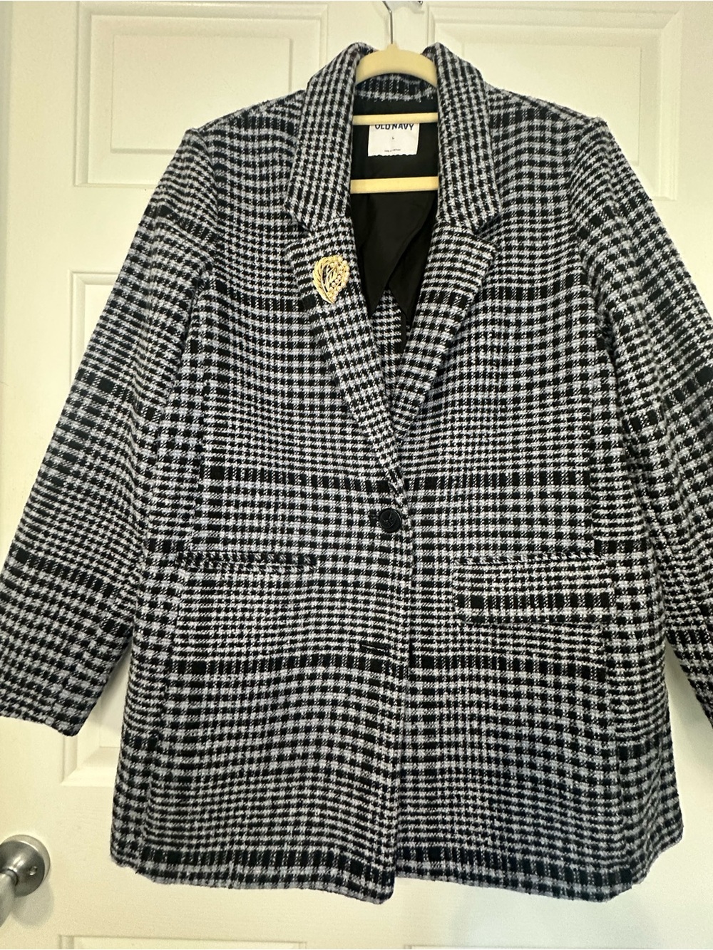 Vintage-Inspired Navy & Blue Gray Houndstooth Coat Women’s L